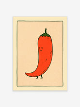 Red chilli pepper character with green stalk and simple face on beige background art print