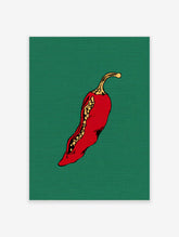 Red chilli pepper illustration with exposed seeds and green textured background