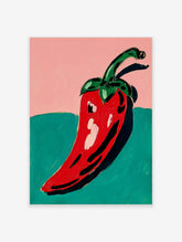 Red chilli pepper with green stem and black shadow on pink and teal background, stylised food art print
