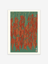Illustrative red chilli pepper wall art print featuring multiple hanging strings of dried peppers on a green background