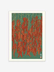 Illustrative red chilli pepper wall art print featuring multiple hanging strings of dried peppers on a green background