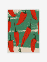 Illustrative red chilli peppers pattern on distressed green and beige striped background wall art print
