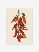Red chilli peppers hanging from a stem with dark green leaves, botanical illustration on cream background