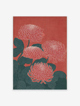 Red Chrysanthemum botanical illustration wall art print featuring four stylized flowers and dark teal leaves on a red background.