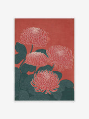 Red Chrysanthemum botanical illustration wall art print featuring four stylized flowers and dark teal leaves on a red background.