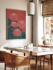 Red Chrysanthemum botanical illustration wall art print featuring four stylized flowers and dark teal leaves on a red background. - Image 3