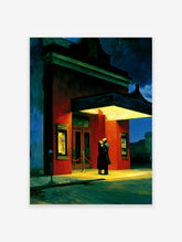 Red cinema poster of a couple under a glowing marquee at night, urban art print