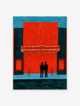 Minimalist red cinema poster with two silhouetted figures and a glowing marquee