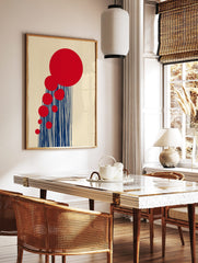 Abstract wall art with large red circles and vertical navy blue lines on a beige background, in a styled room mockup