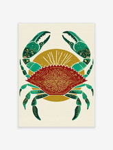 Red crab illustration with green claws and gold mandala pattern on shell, against a golden sunburst background