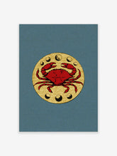 Red crab with moon phases on gold circle, teal background, zodiac wall art print