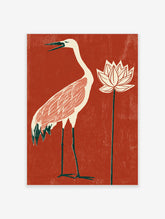 White crane with pink wing and lotus flower on deep red background, Japanese style art print
