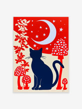 Navy cat silhouette under white crescent moon and stars on red background with mushrooms and vines