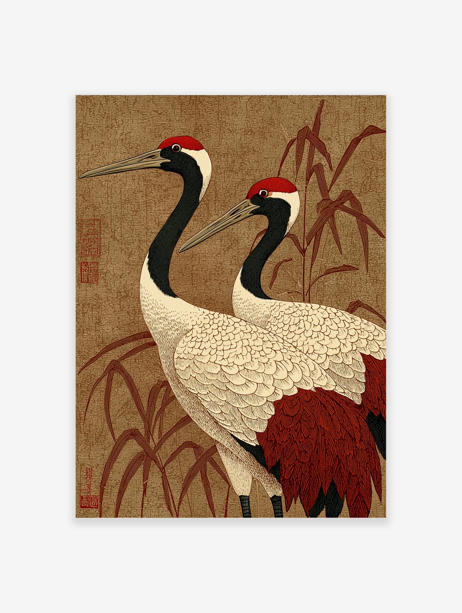 Japanese Red-Crowned Crane art print with two cranes and bamboo on a textured brown background
