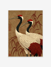 Japanese Red-Crowned Crane art print with two cranes and bamboo on a textured brown background