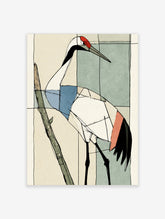 Red-crowned crane poster with geometric colour blocks, black neck, red crown, and blue wing panel
