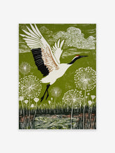 Red-crowned crane in flight over green landscape with white dandelion seed heads and water, illustrative style