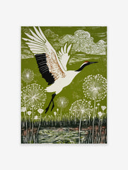 Red-crowned crane in flight over green landscape with white dandelion seed heads and water, illustrative style