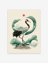 Red-crowned crane standing on grey rock with green swirls and red sun, Japanese-style illustration on cream background