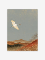 Red-crowned crane flying over autumn mountains in a Japanese style art print on matte paper