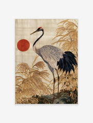 Red-crowned crane bird illustration with textured reeds and a red sun, Japanese-style embroidery art print