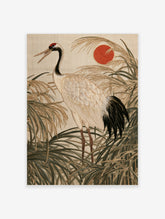 Japanese red-crowned crane embroidery art print with rising sun and tall grasses in neutral tones