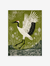 Linocut style print of a white red-crowned crane with black markings and red crown, wings spread, in green reeds and water