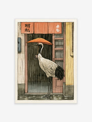 Red-crowned crane holding an orange umbrella standing in the rain before a shop with a red curtain, illustrative art print