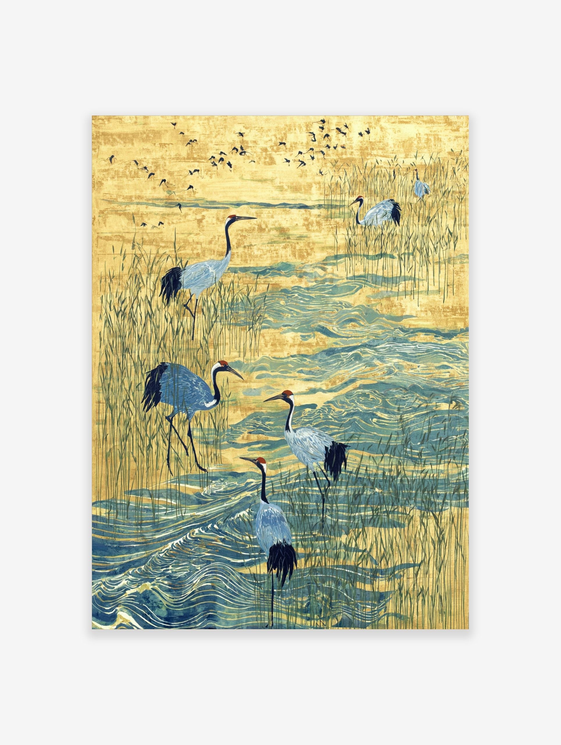 Illustrative print of red-crowned cranes wading in blue water amongst golden reeds with flying birds