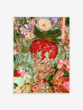 Red crystal apple art print with cream roses and lilac flowers on pale green background