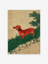 Red dachshund dog art print in vintage illustration style on green ground with beige background and sparse foliage.