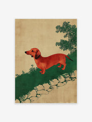 Red dachshund dog art print in vintage illustration style on green ground with beige background and sparse foliage.