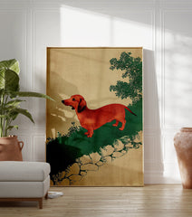 Red dachshund dog art print in vintage illustration style on green ground with beige background and sparse foliage. - Image 3