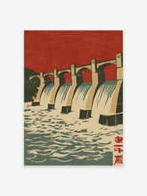Red sky Japanese woodblock dam poster with cascading water and vertical kanji characters