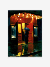 Red door city rain poster with figure under blue umbrella on wet night street