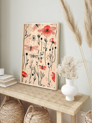 Red dragonflies and black line art flowers botanical illustration on a light beige background, in an alternate framed mockup