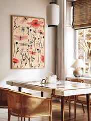 Red dragonflies and black line art flowers botanical illustration on a light beige background, in a styled room mockup