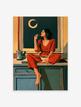 Woman in red dress eating cherries on kitchen counter below crescent moon poster