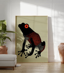 Red Eyed Frog poster with a black frog, red eyes, and red polka dots on a striped yellow background. - Image 3