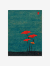 Illustrative print of four red and orange fan coral or seaweed plants against a dark teal background and black base