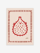 Red fig illustration with dotted texture and dashed border on beige background, unframed paper print