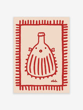 Red fish bottle poster with whimsical creature, red stitched border, cream background, unframed paper print