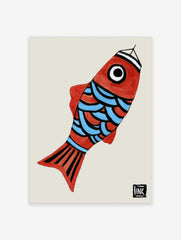 Illustrative red fish wall art with blue scales and graphic black details on a light background