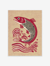 Illustrative red fish jumping from stylised waves on a textured beige background, woodblock print style