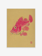Detailed red fish illustration on a golden background, featuring intricate lines and an Asian art style.