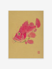 Detailed red fish illustration on a golden background, featuring intricate lines and an Asian art style.