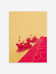 Red illustrative print of three fishing boats docked by a pier with a figure, against a beige background