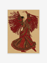Flamenco dancer in a flowing red and green dress with fringe shawl in an illustrative vintage style