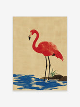 Red flamingo standing in blue water on beige background, bird wall art print