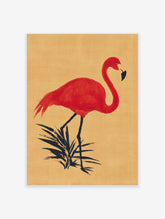Red flamingo standing among black reeds on beige background, illustrative art print
